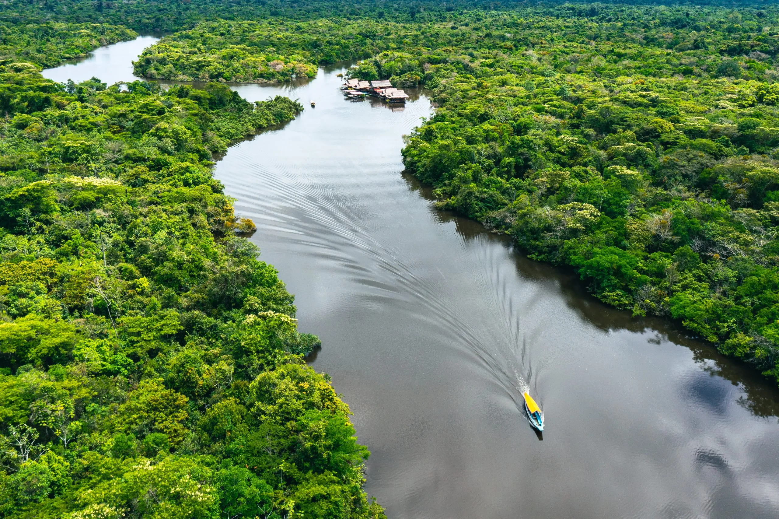 Peru. Aerial view of Rio Momon. Top View of Amazon Rainforest, near Iquitos, Peru. South America.