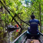 Amazonia Expeditions Peru Survival Training Expedition Paddling through jungle shallows Peru Amazonia survival training expedition