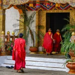 Bhutan, Thimphu -   Buddhist monks in traditional robes at the Trashi Chhoe Dzong