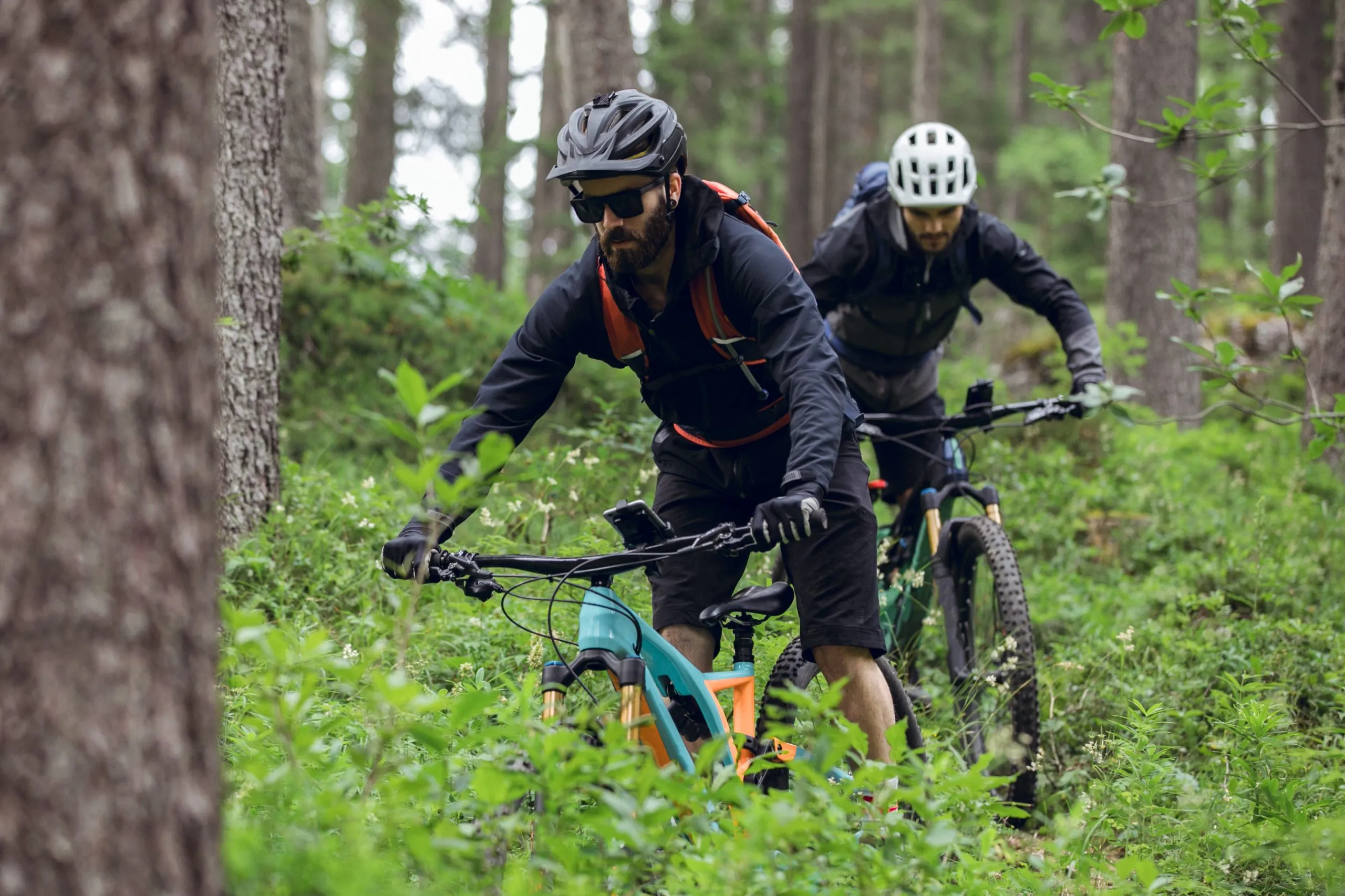 Cycling outdoor adventure in alpine forest at the lago di braies, Dolomites, Italy