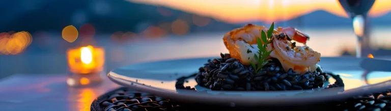 Croatian crni rizot, squid ink risotto, deep black contrasting with a white plate, seaside restaurant, dusk lighting reflecting off the water