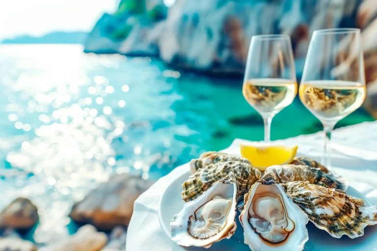 Croatian food. Fresh Oysters on white plate with lemon and and two glasses of white wine on blurred seascape background. Healthy seafood. Fresh Oyster in open air restaurant. Gourmet food. Copy space