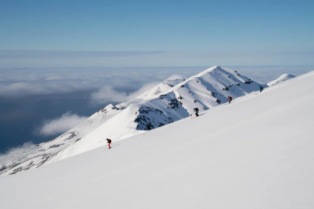 skiers on snowy mountain slope scaled