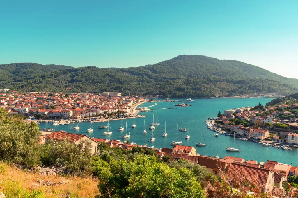 Bay of Vela Luka on the island of Korcula, aerial view, Croatia